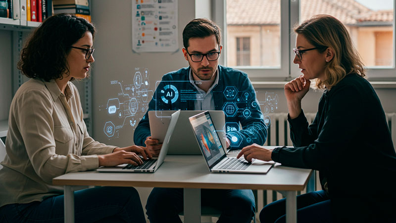 Grupo de docentes trabajando en equipo, con herramientas de inteligencia artificial